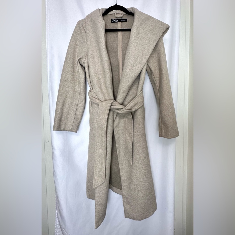 ZARA Women’s Hooded Wrap Coat Beige Wool Blend Belted Long Coat size XS